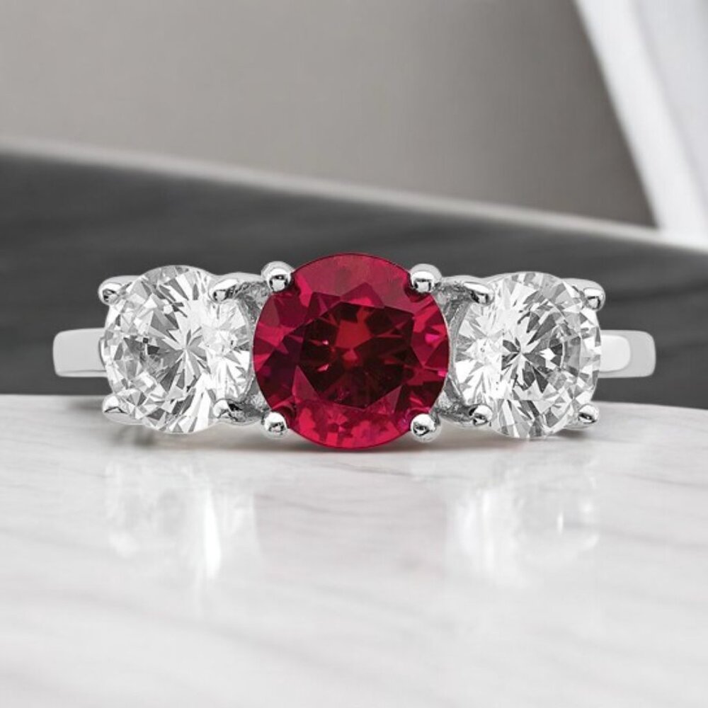 Three-Stone Lab Created Ruby And Cz Ring In 925 S… - image 2